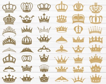 May include: A collection of 48 gold crown illustrations, featuring a variety of styles and designs. The crowns are all outlined in black and have a simple, elegant look.
