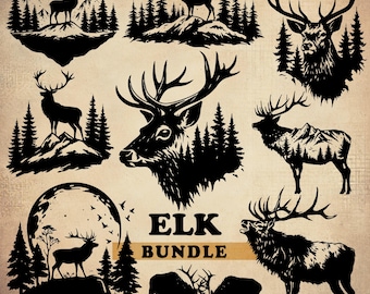 Elk SVG Bundle, Elk Head Svg, Elk Mountain Svg, Elk Scene Svg, Elk Laser Engraving, Elk Forest Scene Svg, Elk Scene Clipart, Elk Png