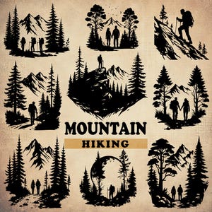 May include: A set of nine black and white silhouette illustrations of people hiking in the mountains. The illustrations feature various scenes of hikers walking on trails, climbing mountains, and enjoying the scenery. The text "Mountain Hiking" is displayed below the illustrations.