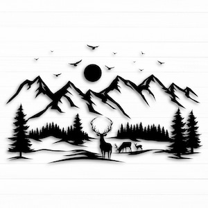 Mountain SVG, Deer Family Svg, Mountain Forest Svg, Forest Svg Cricut, Landscape Svg, Pine Trees Svg, Camping Svg, Mountain Silhouette Svg