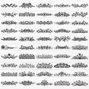 May include: A collection of forty-five black and white line art floral dividers arranged in a grid. Each horizontal graphic features various botanical elements including roses, daisies, tulips, poppies, and dandelions with leaves and stems.