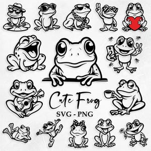 Paquete de SVG de ranas lindas, SVG de ranas de dibujos animados, SVG de ranas divertidas, SVG de animales, imágenes prediseñadas de ranas, SVG de ranas bebés lindas, SVG de ranas con gafas de sol, PNG de ranas lindas