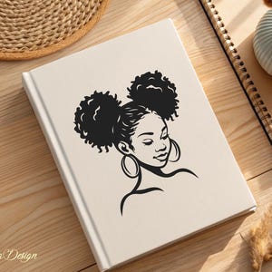 May include: Black and white silhouette of a woman with two large afro puffs and large hoop earrings. The woman is looking down and to the right.
