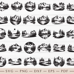 Può includere: Un set di 30 file di taglio SVG in bianco e nero con scene di laghi di montagna. Ogni design presenta una catena montuosa, un lago e alberi. I design sono perfetti per creare artigianato personalizzato, arredamento per la casa e molto altro.