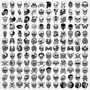 K&ouml;nnte beinhalten: Eine Sammlung von 100 Schwarzwei&szlig;-Sch&auml;del-Illustrationen. Die Sch&auml;del sind in verschiedenen Stilen dargestellt, darunter Cartoon, Tribal und Gothic. Jeder Sch&auml;del hat ein einzigartiges Design, wie eine Krone, Fl&uuml;gel oder Kreuzknochen.