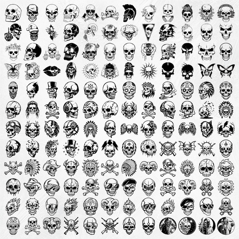 K&ouml;nnte beinhalten: Eine Sammlung von 100 Schwarzwei&szlig;-Sch&auml;del-Illustrationen. Die Sch&auml;del sind in verschiedenen Stilen dargestellt, darunter Cartoon, Tribal und Gothic. Jeder Sch&auml;del hat ein einzigartiges Design, wie eine Krone, Fl&uuml;gel oder Kreuzknochen.