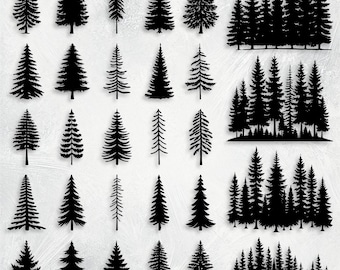 Pacchetto di 200 alberi SVG, foresta SVG, pini SVG, linea di alberi SVG, clipart di pini, silhouette di pini, vettori di pini, pini PNG