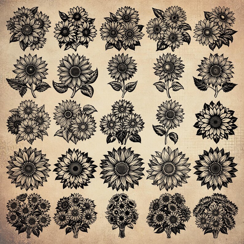 Puede incluir: Una colecci&oacute;n de 25 ilustraciones en blanco y negro de girasoles. Los girasoles est&aacute;n dispuestos en una cuadr&iacute;cula y todos miran al espectador. Las ilustraciones son detalladas y realistas, y ser&iacute;an perfectas para usar en una variedad de proyectos, como scrapbooking, creaci&oacute;n de tarjetas o dise&ntilde;o digital.