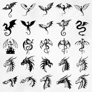 May include: A set of 30 black and white dragon illustrations. The dragons are in various poses, including flying, standing, and curled up. Some dragons are holding swords, while others are holding castles.