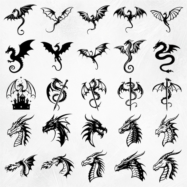 May include: A set of 30 black and white dragon illustrations. The dragons are in various poses, including flying, standing, and curled up. Some dragons are holding swords, while others are holding castles.