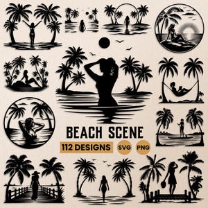 Beach Scene SVG, Woman Beach Scenes Svg, Tropical Svg, Beach Clipart, Palm Tree Svg, Beach Life Svg, Beautiful Woman Svg, Woman Beach Png