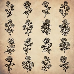May include: A set of 16 black and white rose illustrations. The roses are drawn in a vintage style with intricate details. The illustrations are perfect for use in scrapbooking, card making, or other craft projects.
