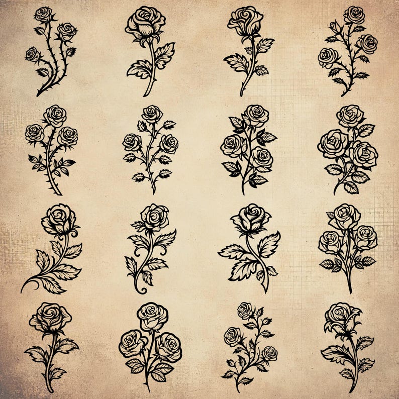 May include: A set of 16 black and white rose illustrations. The roses are drawn in a vintage style with intricate details. The illustrations are perfect for use in scrapbooking, card making, or other craft projects.