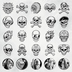 K&ouml;nnte beinhalten: Eine Sammlung von 25 Schwarzwei&szlig;-Sch&auml;del-Illustrationen. Die Sch&auml;del sind in verschiedenen Stilen dargestellt, darunter traditionell, tribal und modern. Einige Sch&auml;del tragen H&uuml;te, Sonnenbrillen oder andere Accessoires. Die Sch&auml;del sind alle vor einem wei&szlig;en Hintergrund platziert.