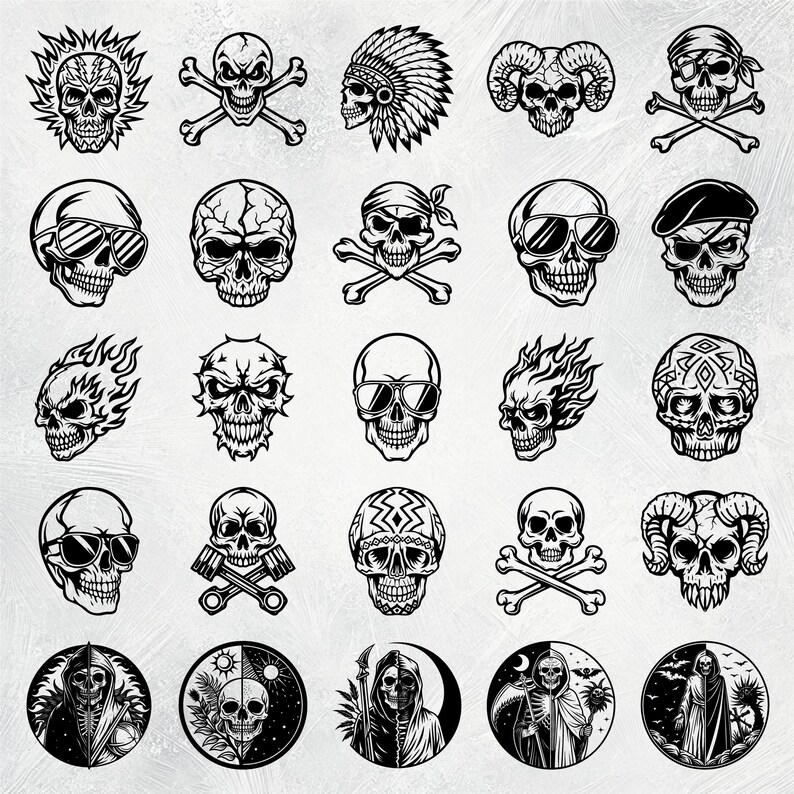 K&ouml;nnte beinhalten: Eine Sammlung von 25 Schwarzwei&szlig;-Sch&auml;del-Illustrationen. Die Sch&auml;del sind in verschiedenen Stilen dargestellt, darunter traditionell, tribal und modern. Einige Sch&auml;del tragen H&uuml;te, Sonnenbrillen oder andere Accessoires. Die Sch&auml;del sind alle vor einem wei&szlig;en Hintergrund platziert.