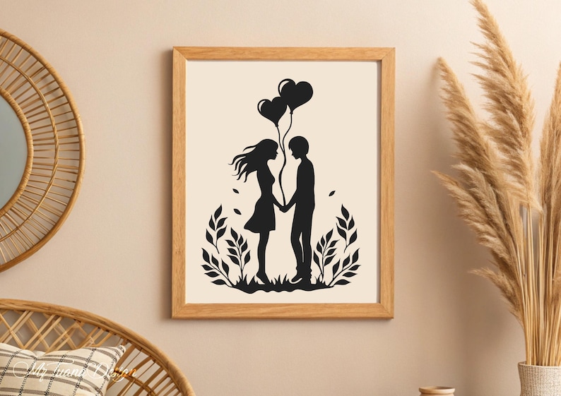 May include: Black and white silhouette print of a couple holding hands with two heart-shaped balloons. The couple is standing in front of a leafy design.