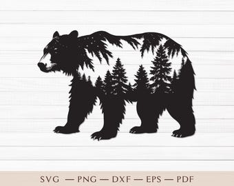 May include: Black silhouette of a bear with a forest scene inside its body. The bear is standing on all fours with its head turned to the left. The forest scene is made up of trees and foliage.