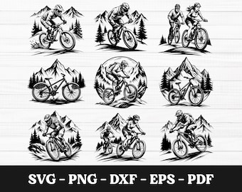 Könnte beinhalten: Neun Schwarzweißillustrationen von Mountainbikern, die durch eine Berglandschaft fahren. Jede Illustration zeigt einen anderen Fahrer und ein anderes Fahrrad-Design.