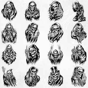 May include: A collection of 16 black and white illustrations of a skeleton wearing a hooded robe. The skeleton is depicted in various poses, including giving the middle finger, holding a playing card, and making peace signs.