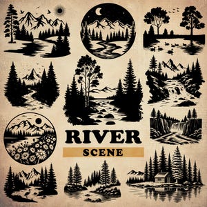 River Scene SVG Bundle, River Landscape Svg, Mountain and River Svg, River Scene Clipart, River Scene Png, Forest Scene Svg, Commercial Use
