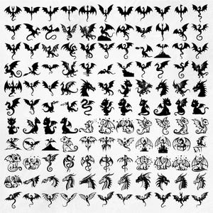 May include: A collection of 100 black and white dragon silhouette illustrations. The dragons are in various poses, including flying, standing, and curled up. Some dragons have wings, while others do not. Some dragons have horns, while others do not. Some dragons have scales, while others do not.