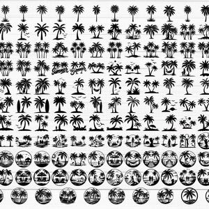 Peut inclure: Une collection de graphiques en silhouette noire repr&eacute;sentant divers designs de palmiers, des sc&egrave;nes d'&icirc;les tropicales et des paysages de plage. L'ensemble comprend des arbres isol&eacute;s, des groupes et des illustrations circulaires avec des soleils.
