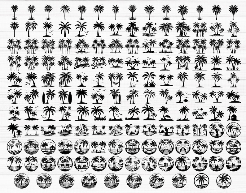 Peut inclure: Une collection de graphiques en silhouette noire repr&eacute;sentant divers designs de palmiers, des sc&egrave;nes d'&icirc;les tropicales et des paysages de plage. L'ensemble comprend des arbres isol&eacute;s, des groupes et des illustrations circulaires avec des soleils.