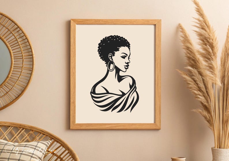 May include: Black and white line art print of a woman with short hair and large hoop earrings. The woman is wearing a draped garment and looking to the side.