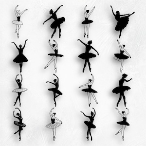 Peut inclure: Un ensemble de 16 images en silhouette noire de ballerines dans différentes poses. Les ballerines portent des tutus et sont toutes tournées vers l'avant. Les images sont parfaites pour être utilisées dans l'artisanat, le scrapbooking ou la conception numérique.
