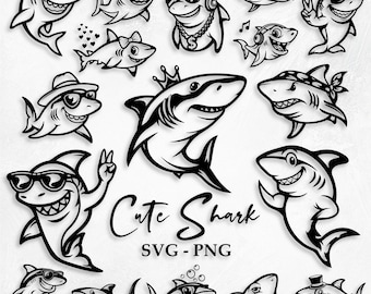 Cute Shark SVG Bundle (30 SVG & PNG Files) Instant Download, Commercial Use