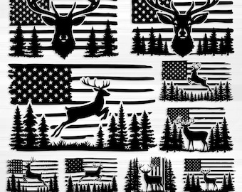 May include: A set of 10 SVG and PNG digital files featuring black and white illustrations of deer with American flags. The deer are in various poses, including standing, running, and jumping. The flags are in a distressed style, with a faded look. The files are perfect for crafting projects, such as t-shirts, mugs, and home decor.