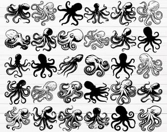 Paquete de archivos SVG de pulpo, silueta de pulpo, imágenes prediseñadas de pulpo, animales marinos SVG, imágenes submarinas SVG, vida marina SVG, pulpo PNG
