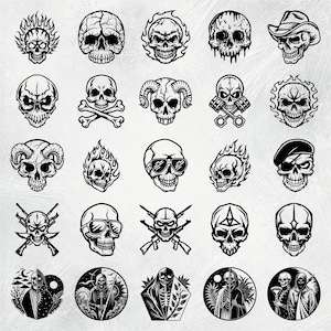 K&ouml;nnte beinhalten: Ein Set mit 25 Schwarzwei&szlig;-Illustrationen von Sch&auml;deln. Die Sch&auml;del sind in verschiedenen Stilen gehalten, darunter Cartoon, realistisch und tribal. Einige Sch&auml;del tragen H&uuml;te, Sonnenbrillen oder haben H&ouml;rner. Einige Sch&auml;del sind von Flammen oder anderen dekorativen Elementen umgeben.