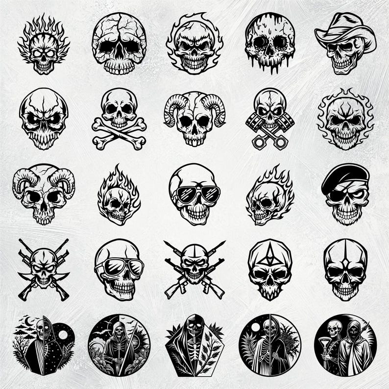 K&ouml;nnte beinhalten: Ein Set mit 25 Schwarzwei&szlig;-Illustrationen von Sch&auml;deln. Die Sch&auml;del sind in verschiedenen Stilen gehalten, darunter Cartoon, realistisch und tribal. Einige Sch&auml;del tragen H&uuml;te, Sonnenbrillen oder haben H&ouml;rner. Einige Sch&auml;del sind von Flammen oder anderen dekorativen Elementen umgeben.