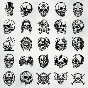 K&ouml;nnte beinhalten: Eine Sammlung von 36 Schwarzwei&szlig;-Sch&auml;del-Illustrationen. Die Sch&auml;del sind in verschiedenen Stilen dargestellt, darunter Cartoon, Tribal und Gothic. Einige Sch&auml;del haben zus&auml;tzliche Details wie Fl&uuml;gel, H&ouml;rner oder Blumen.