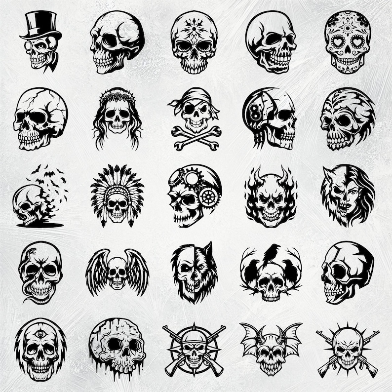 K&ouml;nnte beinhalten: Eine Sammlung von 36 Schwarzwei&szlig;-Sch&auml;del-Illustrationen. Die Sch&auml;del sind in verschiedenen Stilen dargestellt, darunter Cartoon, Tribal und Gothic. Einige Sch&auml;del haben zus&auml;tzliche Details wie Fl&uuml;gel, H&ouml;rner oder Blumen.