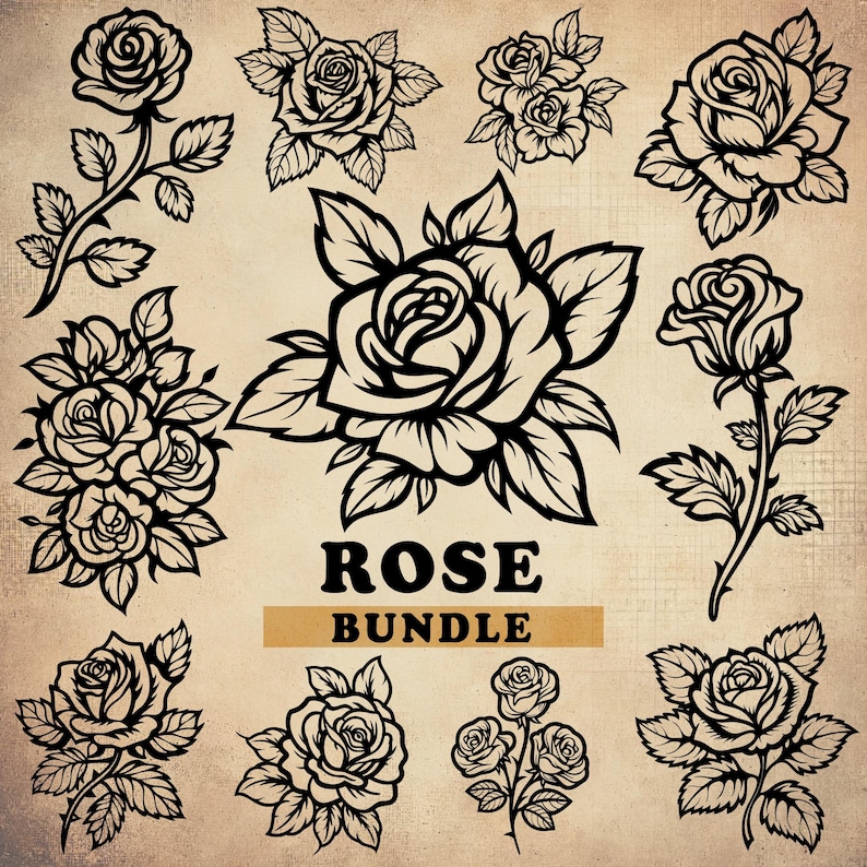 May include: A set of ten black and white rose illustrations. The roses are drawn in a vintage style with intricate details. The illustrations are perfect for use in crafting, scrapbooking, or digital design.