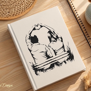 May include: Black and white illustration of a couple sitting on a bench, holding hands and forming a heart shape with their arms above their heads.