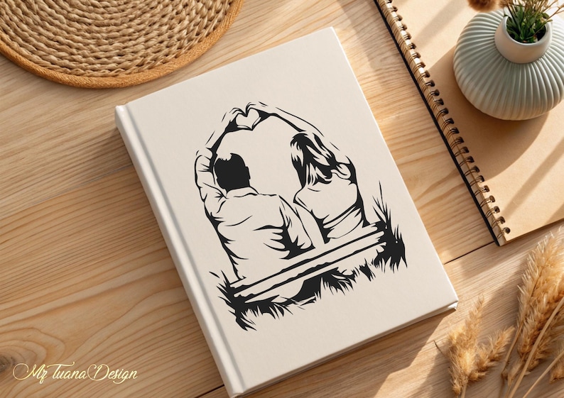 May include: Black and white illustration of a couple sitting on a bench, holding hands and forming a heart shape with their arms above their heads.