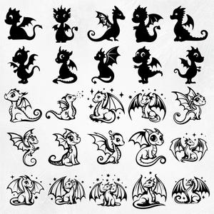 May include: A set of 25 black and white dragon illustrations. The dragons are in various poses, some with wings spread, some with wings folded, and some with their tails curled. The dragons are all facing forward, and they have a simple, cartoonish style.