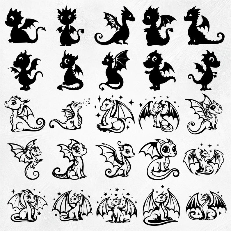 May include: A set of 25 black and white dragon illustrations. The dragons are in various poses, some with wings spread, some with wings folded, and some with their tails curled. The dragons are all facing forward, and they have a simple, cartoonish style.