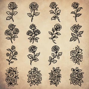 May include: A set of 14 black and white rose illustrations. The roses are drawn in a vintage style with intricate details. The illustrations are perfect for use in scrapbooking, card making, or other craft projects.