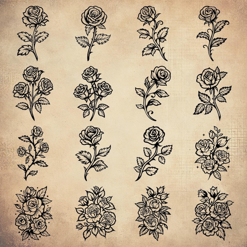 May include: A set of 14 black and white rose illustrations. The roses are drawn in a vintage style with intricate details. The illustrations are perfect for use in scrapbooking, card making, or other craft projects.