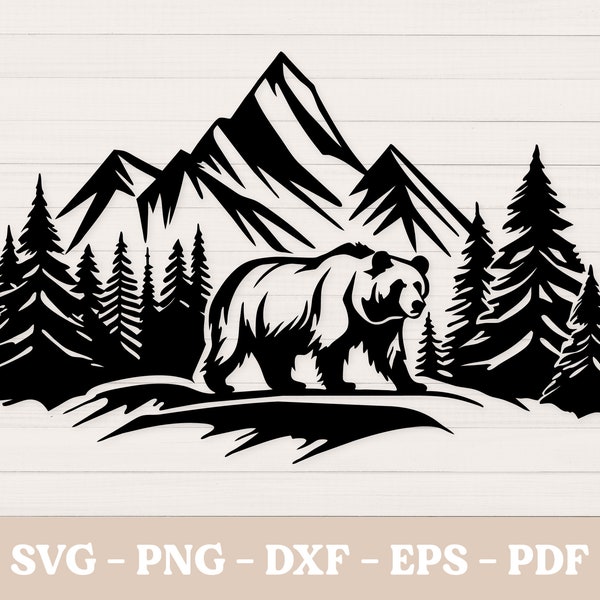 Grizzly Bear SVG, Black Bear Svg, Bear Shirt, Bear Clipart, Bear Vector, Bear and Mountain Silhouette, Wildlife Svg, Png, Dxf, Eps, Pdf