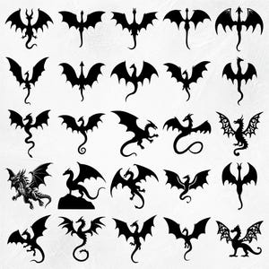 May include: A set of 25 black silhouette dragon illustrations. The dragons are in various poses, including flying, standing, and curled up. The illustrations are perfect for use in digital or print projects.