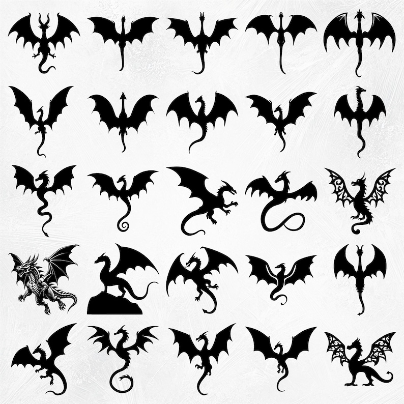 May include: A set of 25 black silhouette dragon illustrations. The dragons are in various poses, including flying, standing, and curled up. The illustrations are perfect for use in digital or print projects.
