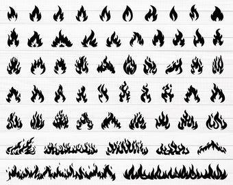 Peut inclure: Une collection d'illustrations de flammes noires de différentes formes et tailles. Les flammes varient de petits motifs simples à des représentations plus grandes et plus complexes, le tout sur un fond blanc à grain de bois.