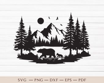 Mountain SVG, Bear Family Svg, Mountain Forest Svg, Forest Svg Cricut, Landscape Svg, Pine Trees Svg, Camping Svg, Mountain Silhouette Svg