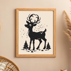 May include: Black and white illustration of a reindeer standing in a snowy forest. The reindeer has a large, stylized head and antlers. There are two small trees behind the reindeer.