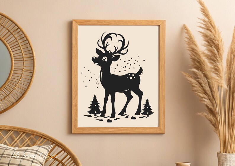 May include: Black and white illustration of a reindeer standing in a snowy forest. The reindeer has a large, stylized head and antlers. There are two small trees behind the reindeer.